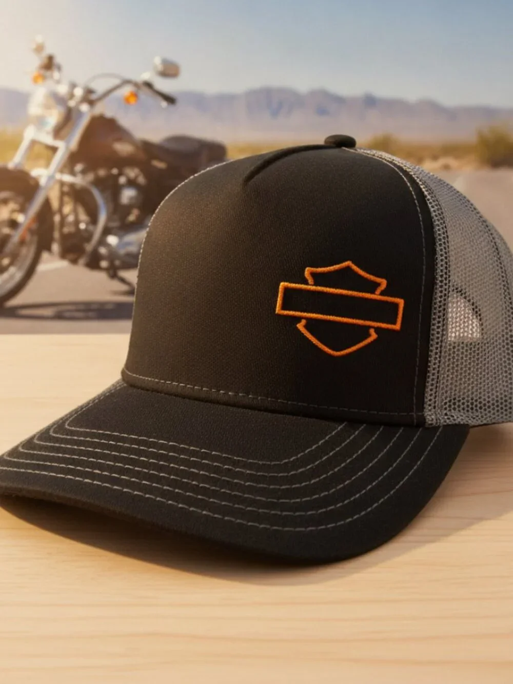 Bar Shield Outline Orange Embroidered Black Grey Trucker Hat Snapback New Harley